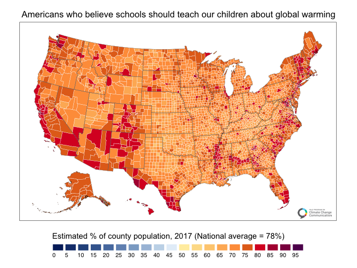 Map showing degree of support for climate change education