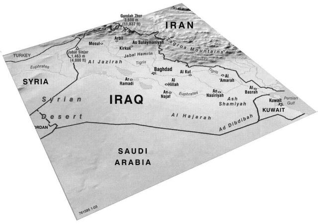 Figure 2. Map showing elevation contours around the Euphrates and Tigris Rivers that extend NW-SE through Mesopotamia.