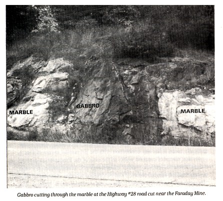 Gabbro cutting through the marble at the Highway #28 road cut near the Faraday Mine.