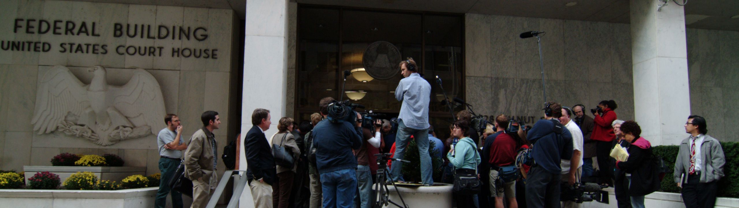 Reporters waiting outside the federal courthouse in Harrisburg, PA.